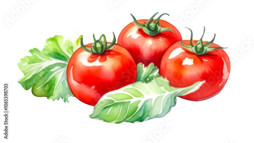 Tomatoes with lettuce leaves depicted in watercolor. Isolation on a transparent background