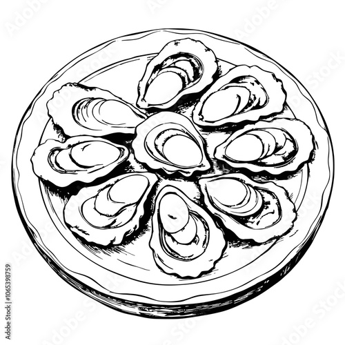 Fresh oysters arranged on a plate in sketch style  