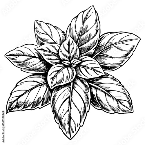 Bright Basil Leaves Illustration in Black and White  