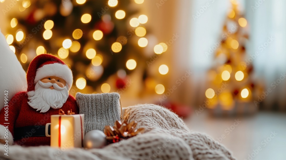 Obraz premium A festive Christmas scene with a Santa Claus figurine, a lit candle, and Christmas ornaments on a cozy blanket in front of a decorated Christmas tree
