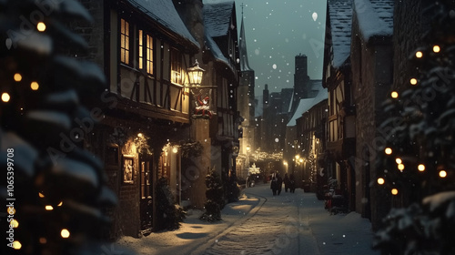 Fototapeta Naklejka Na Ścianę i Meble -  Christmas night street in an old European town