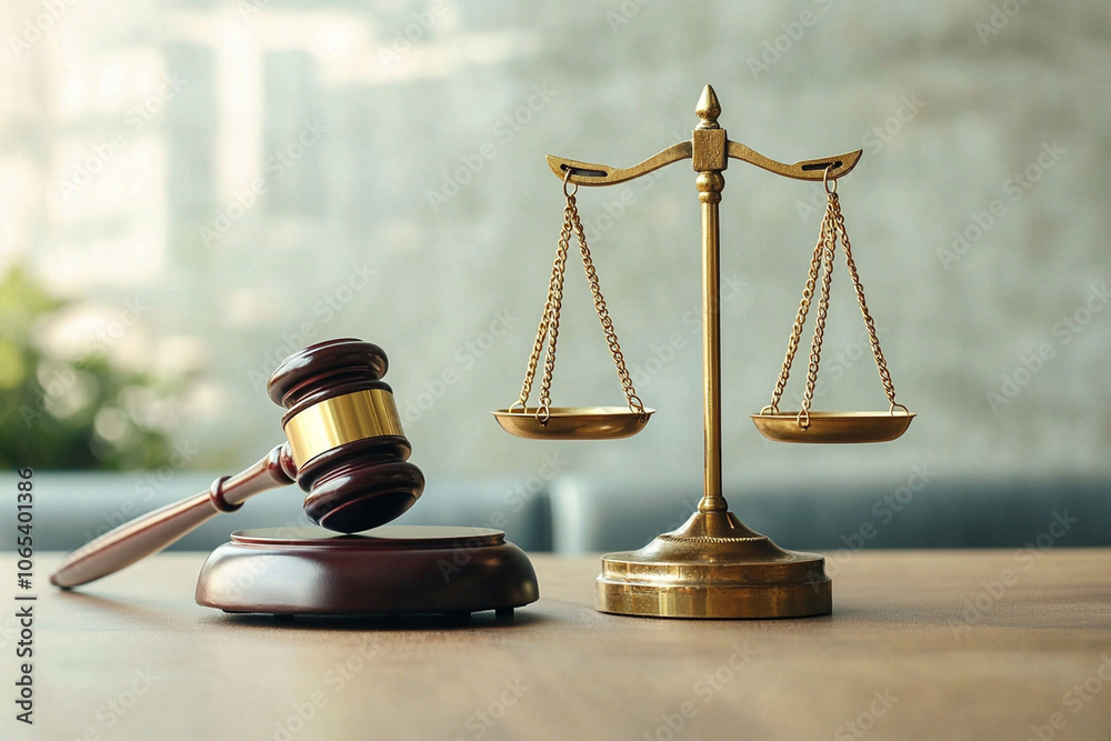 Justice scales and gavel symbolize law and order in legal setting, representing fairness and authority in judicial system Justice scales and gavel symbolize law and order in legal setting, representing fairness and authority in judicial system