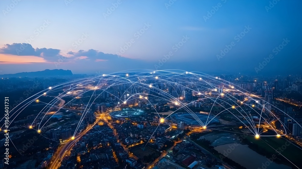Obraz premium Illuminated Modern City Skyline Connected Through Digital Communication Networks