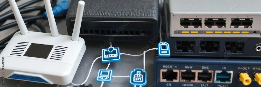 A close-up shot of various network topology LAN objects icons including a router, server, and switch, LAN A close-up shot of various network topology LAN objects icons including a router, server, and switch, LAN