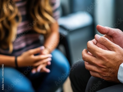 Close-up of a therapeutic session where a therapist and client exchange meaningful dialogue, depicting empathy, mental health awareness, and human connection dynamics.