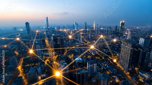 Wallpaper Mural Futuristic Cityscape with Glowing Digital Network Connecting Urban Buildings and Infrastructure Torontodigital.ca