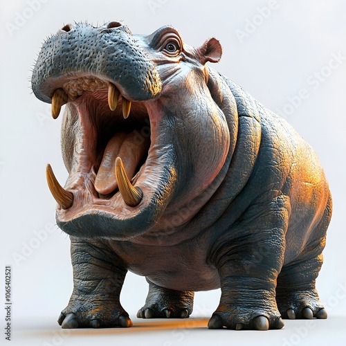Realistic close-up of a hippo with mouth wide open, displaying large tusks and powerful jaws. The dramatic lighting enhances the texture of its skin, emphasizing strength and presence