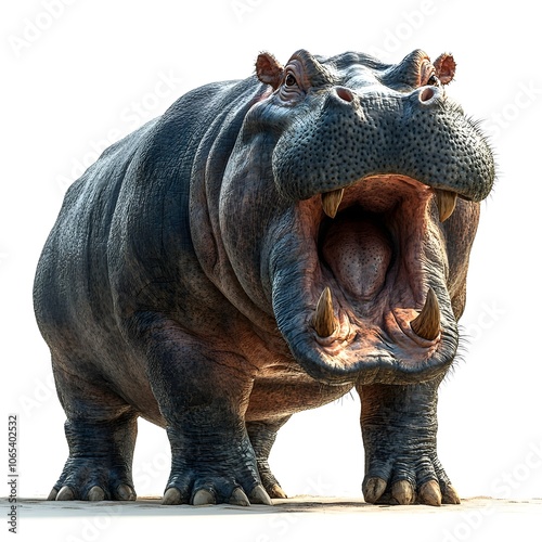 Realistic close-up of a hippo with mouth wide open, displaying large tusks and powerful jaws. The dramatic lighting enhances the texture of its skin, emphasizing strength and presence