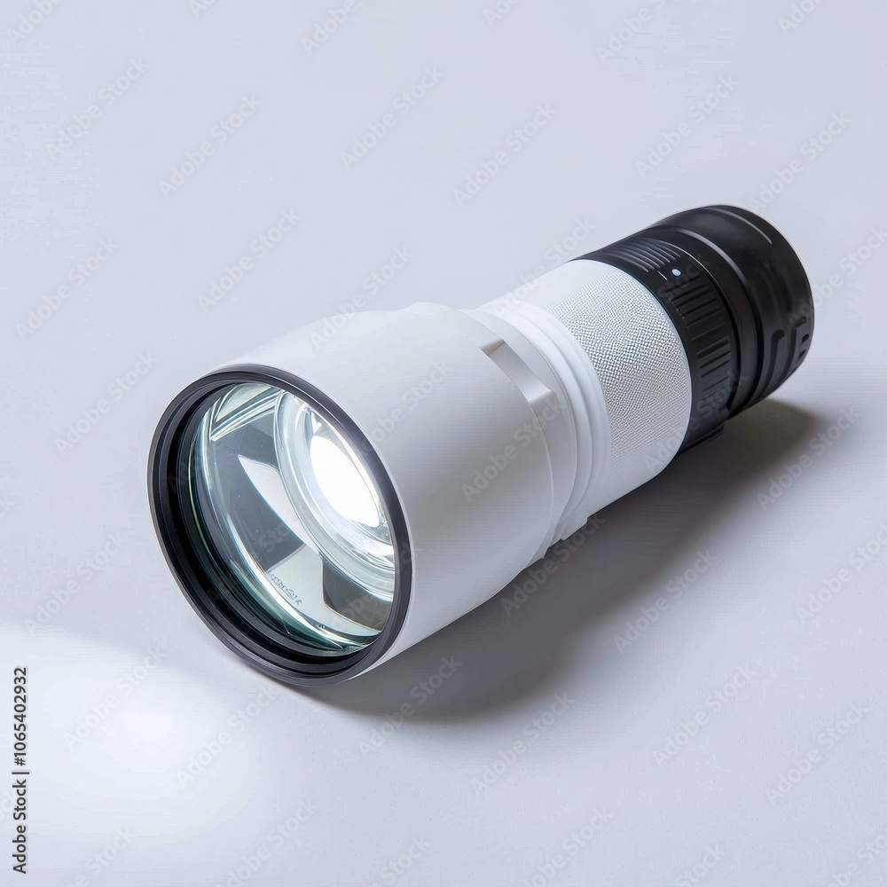 Compact flashlight with a sleek design on a white isolated background. Compact flashlight with a sleek design on a white isolated background.