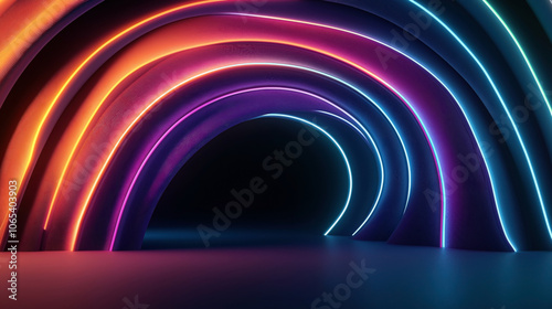 Abstract interior with glowing neon light arches in gradient colors creating a futuristic and dynamic tunnel effect.