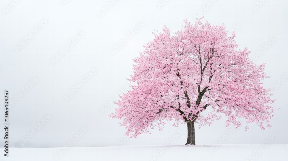 Obraz premium Lone cherry tree in bloom with pink flowers, isolated on white background for a soft and delicate floral theme.