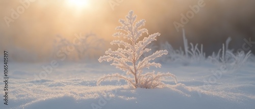 Frost-covered plant in soft winter light, isolated against a blurred background. photo