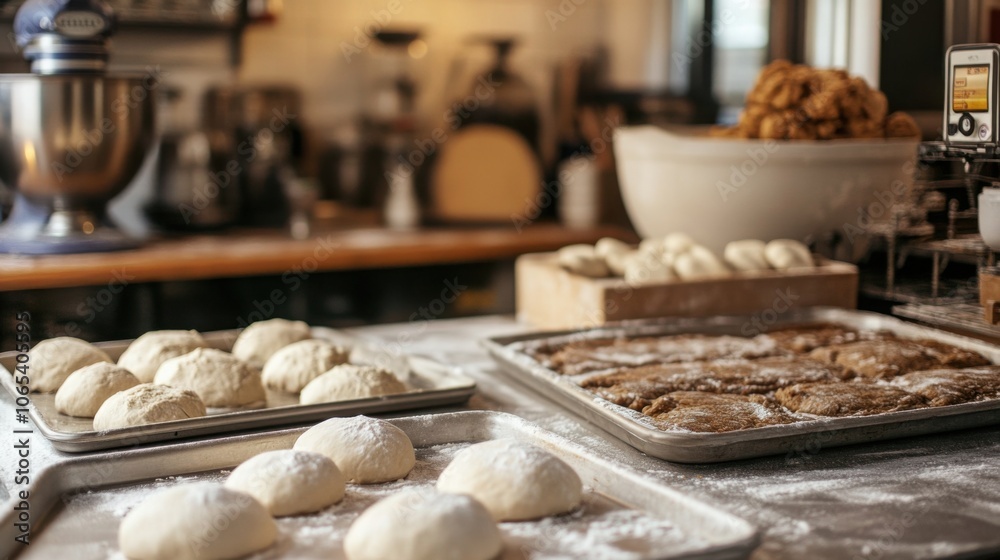 Fototapeta premium A baker’s kitchen with various baking trays, dough resting on the counter, and a mixer in the background