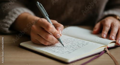 Close-up of person writing in notebook with pen