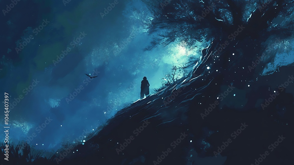 Obraz premium A Solitary Figure Stands on a Hilltop Under a Starry Night Sky
