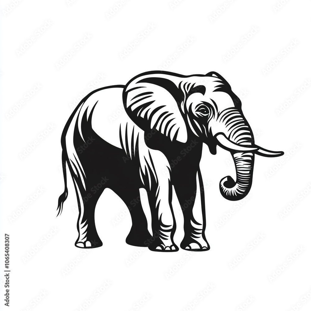 Fototapeta premium A black and white illustration of an elephant standing in front of a white background.