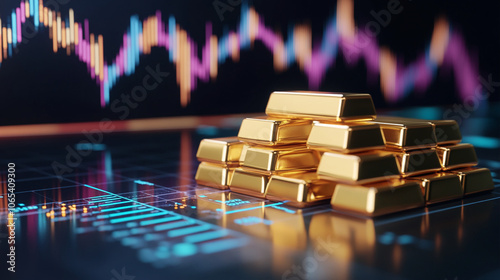 Una pila de lingotes de oro con un gráfico del mercado de valores como fondo. Concepto de negocio de lujo. Ilustración en 3D con espacio para copiar. Alta calidad.