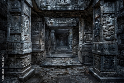 Aztec Mictlan ruins with ancient carvings and dark passages evoking fear