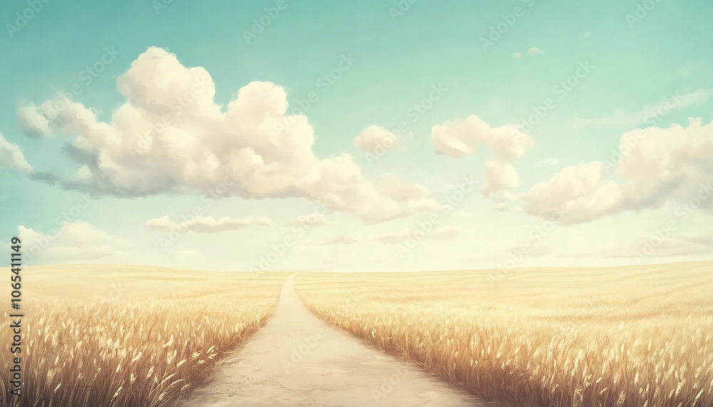 Fototapeta premium A winding dirt road through a field of golden wheat under a blue sky with white clouds