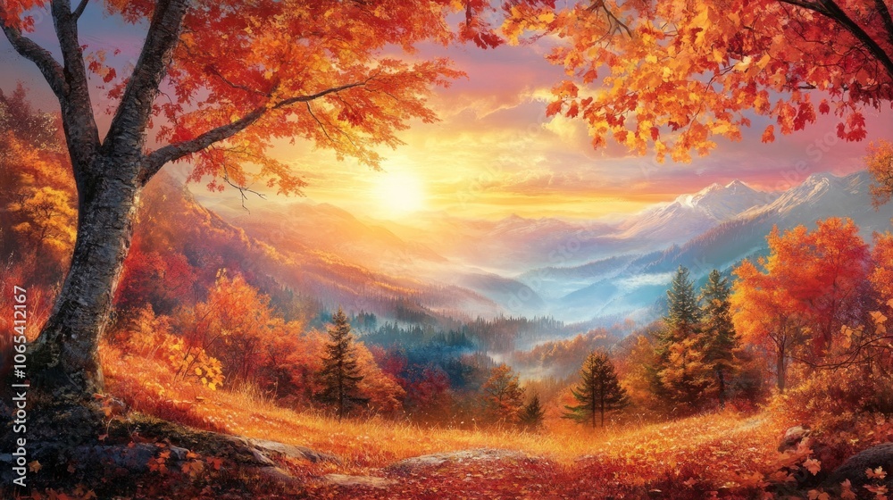 Fototapeta premium View of the autumn forest in mountains on sunset. 