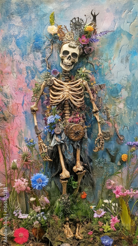 Fototapeta premium Viking witch, zombie skeleton, and steampunk characters amidst vibrant pink and blue wildflowers