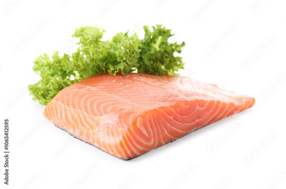Piece of fresh salmon and lettuce isolated on white Piece of fresh salmon and lettuce isolated on white
