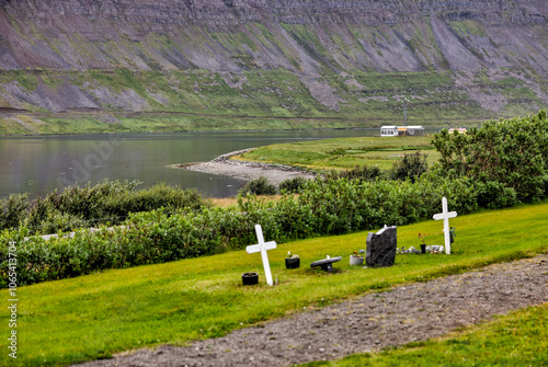 Isafjordur, Iceland - August 11, 2024: Exteriors of the stolen church and cemetery in Sudavik in the Isafjordur region of Iceland
 photo