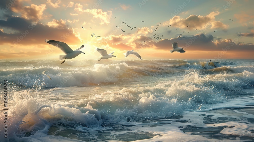 Naklejka premium A coastal scene with seagulls flying over waves, with the sun setting on the horizon