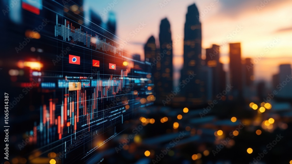 Fototapeta premium Dynamic city skyline with digital finance data overlay at sunset, symbolizing modern technology and urban investment opportunities.