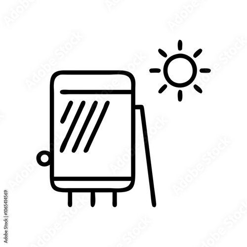 Solar water heater icon with sun and modern design in black outline