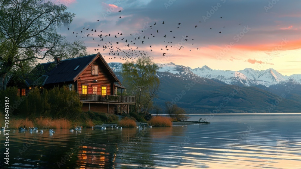 Fototapeta premium A cozy lakeside cabin with birds flying over the water and mountains in the distance