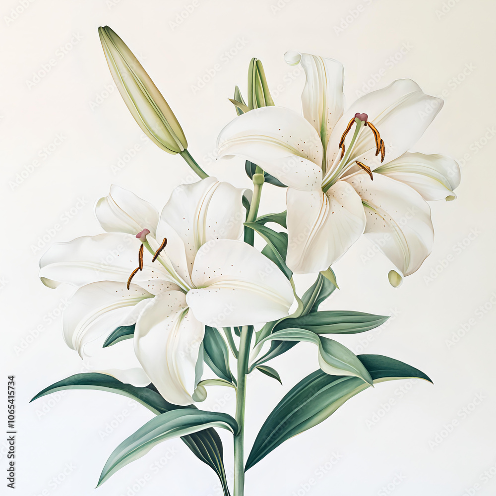 Fototapeta premium Delicate White Lilies in Watercolor Illustration
