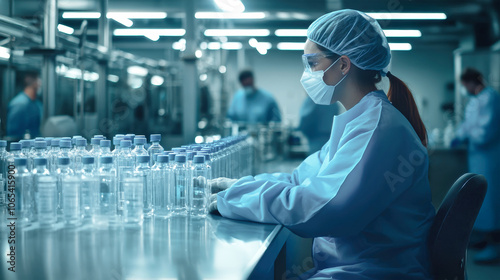 A female lab assistant in a blue protective suit works diligently on a production line of glass medical bottles in a modern factory environment