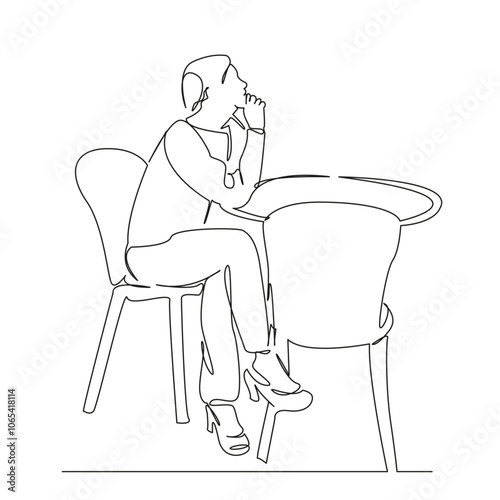 One continuous single drawing line art flat doodle girl sitting in cafe, relaxing, meeting, food, coffee, lunch break, waiting. Isolated image hand draw contour on a white background