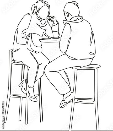 One continuous single drawing line art flat doodle two girls sitting in a cafe, on the street, relaxing, chatting, meeting, food, coffee. Isolated image hand draw contour on a white background