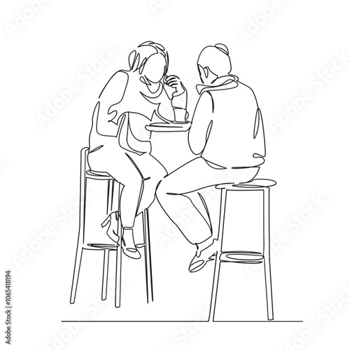 One continuous single drawing line art flat doodle two girls sitting in a cafe, on the street, relaxing, chatting, meeting, food, coffee. Isolated image hand draw contour on a white background