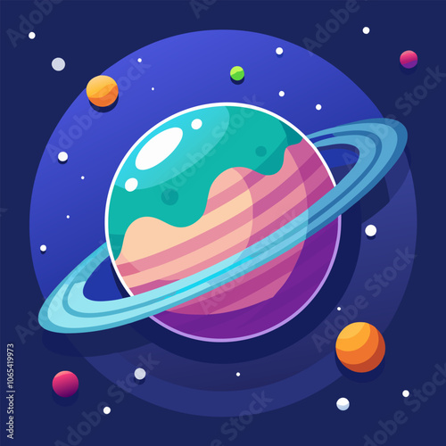 A colorful illustration of a planet with rings, orbiting in a starry night sky. This fun and whimsical illustration is perfect for adding a touch of space magic to your designs.