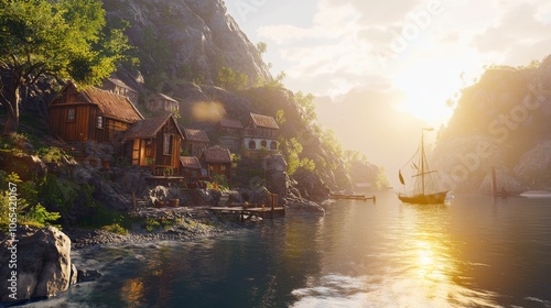 Epic fantasy hero amidst norwegian coastal heritage with dramatic cliffs and sunlit charm