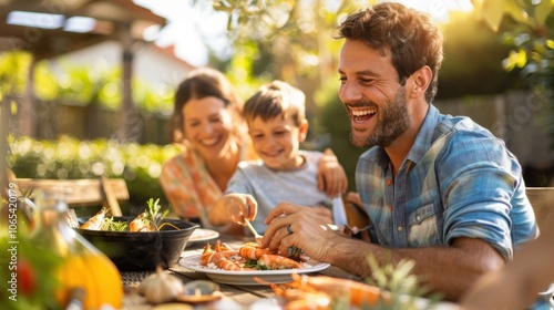 A family having a seafood boil dinner, with a fun, casual setting and plenty of smiles