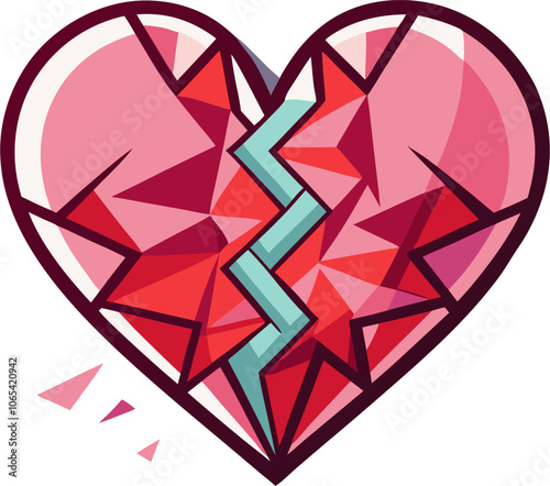 A heart broken into shards, with a jagged crack running through the center.  This graphic is perfect for use in projects about heartbreak, loss, or the pain of a broken heart.