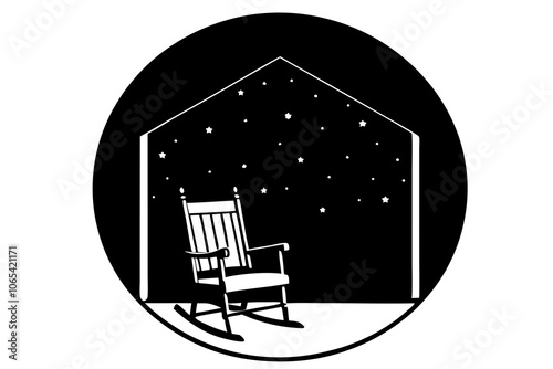 A rustic rocking chair silhouette on a porch, framed by twinkling stars in the night sky.