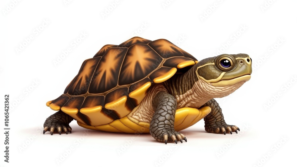 Fototapeta premium Realistic baby box turtle art on white, emphasizing shell texture and small limbs