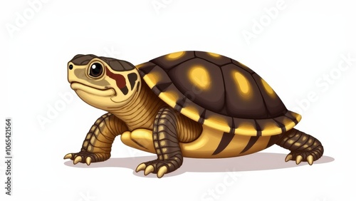 Illustration of a baby box turtle with earthy shell colors and a clean white backdrop photo