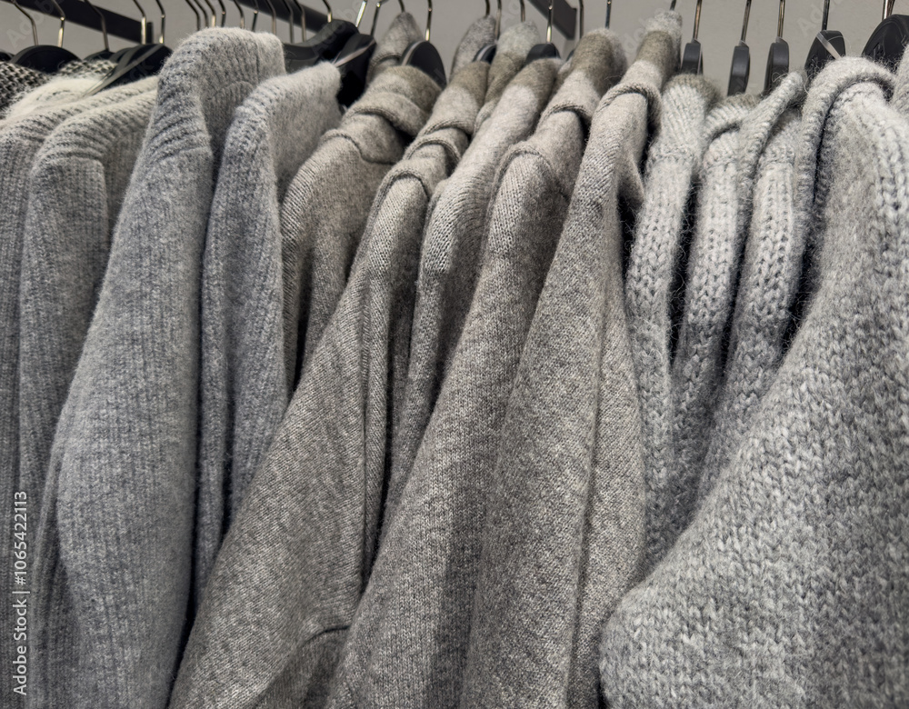 Strickjacken und Pullover auf einem Kleiderständer in einem Kaufhaus