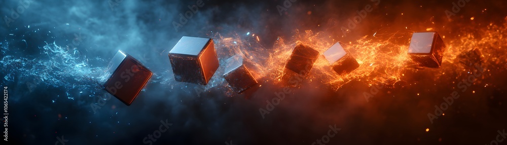 Fototapeta premium Metallic Cubes Surrounded by Abstract Fire and Ice