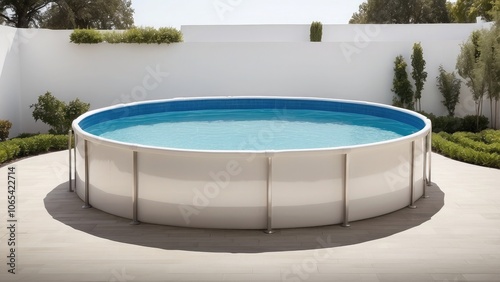 An aboveground circular swimming pool set against a clear or white backdrop