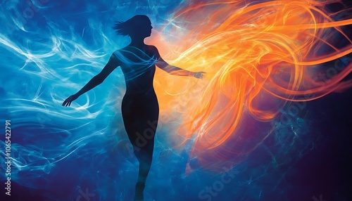 Silhouette of a Woman Standing Between Blue and Orange Smoke photo