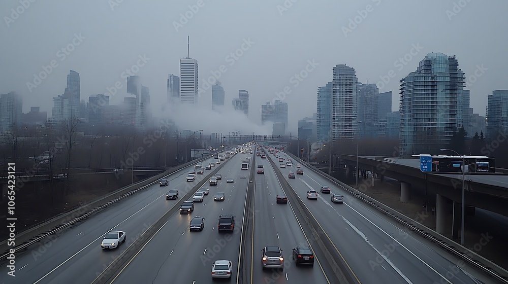 Fototapeta premium A city skyline overshadowed by smog caused by traffic congestion on busy streets filled with cars and buses