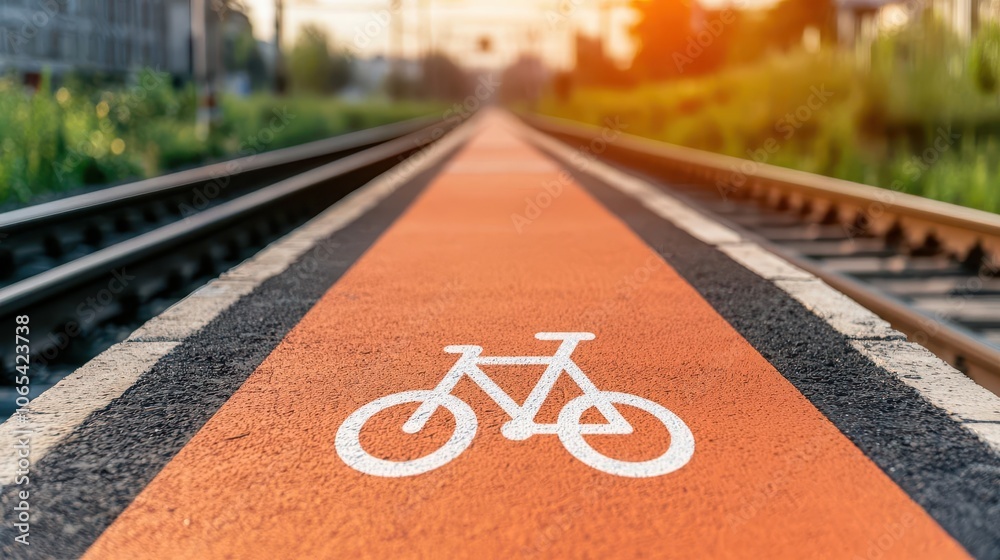 Fototapeta premium Bicycle path near train station, ecofriendly urban transport scene, bright daytime