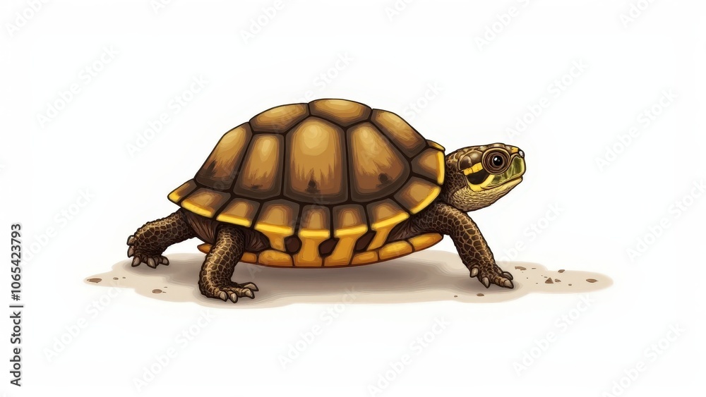 Fototapeta premium Art of baby box turtle, its shell pattern and earthy tones beautifully rendered on white